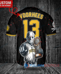 Pittsburgh Pirates x Friday the 13th Jason Voorhees Halloween with World Series Trophy Custom Baseball Jersey Black