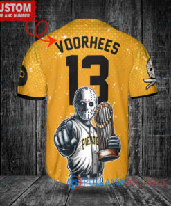 Pittsburgh Pirates x Friday the 13th Jason Voorhees Halloween with World Series Trophy Custom Baseball Jersey Gold City Connect