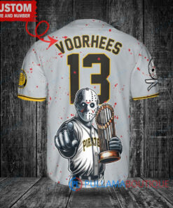 Pittsburgh Pirates x Friday the 13th Jason Voorhees Halloween with World Series Trophy Custom Baseball Jersey Gray