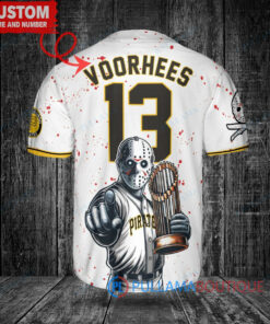 Pittsburgh Pirates x Friday the 13th Jason Voorhees Halloween with World Series Trophy Custom Baseball Jersey White