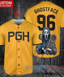 Pittsburgh Pirates x Ghostface Scream Halloween Halloween with World Series Trophy Custom Baseball Jersey Gold City Connect