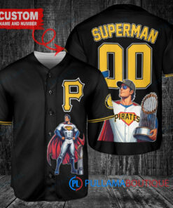 Pittsburgh Pirates x Superman DC Comics with Trophy Custom Baseball Jersey Black