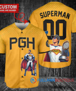 Pittsburgh Pirates x Superman DC Comics with Trophy Custom Baseball Jersey Gold City Connect