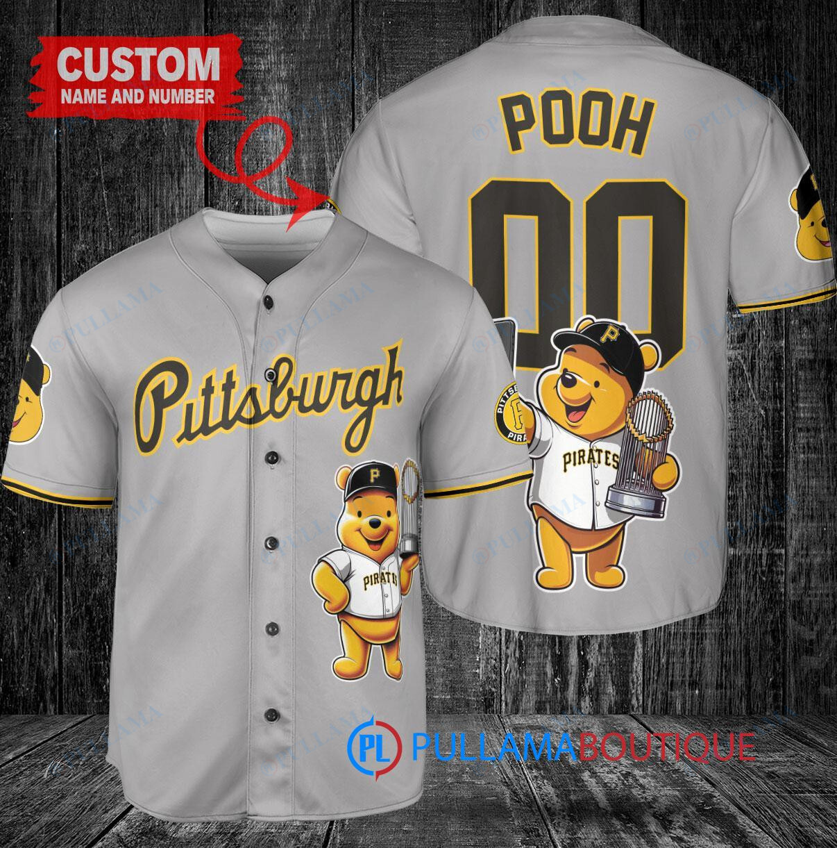 New York Yankees x Winnie the Pooh with Trophy Custom Baseball Jersey Gray