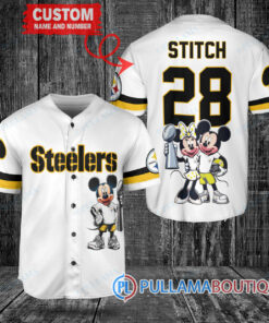 Pittsburgh Steelers x Mickey and Minnie with Trophy Custom Baseball Jersey White