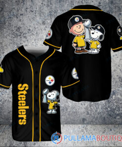 Pittsburgh Steelers x Snoopy and Charlie Brown with Trophy Baseball Jersey Black