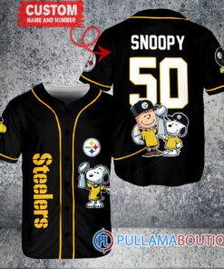 Pittsburgh Steelers x Snoopy and Charlie Brown with Trophy Custom Baseball Jersey Black