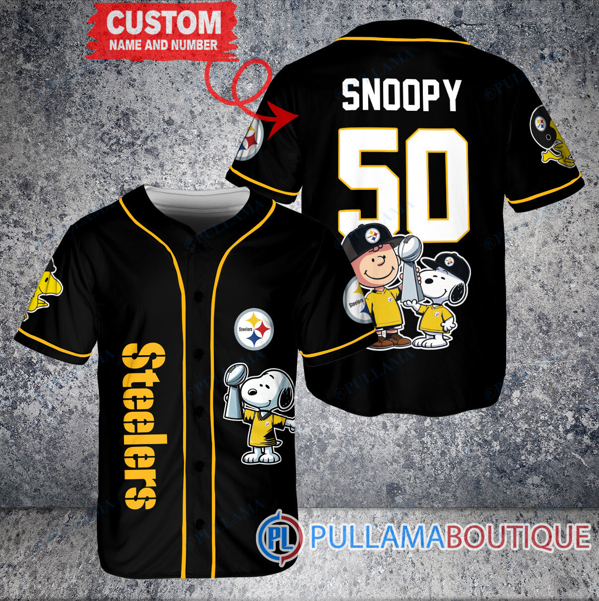 San Francisco 49ers x Snoopy and Charlie Brown with Trophy Custom Baseball Jersey Black