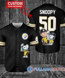 Pittsburgh Steelers x Snoopy and Charlie Brown with Trophy Custom Baseball Jersey Black Without Piping