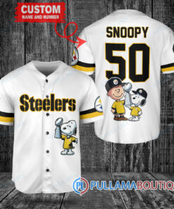 Pittsburgh Steelers x Snoopy and Charlie Brown with Trophy Custom Baseball Jersey White