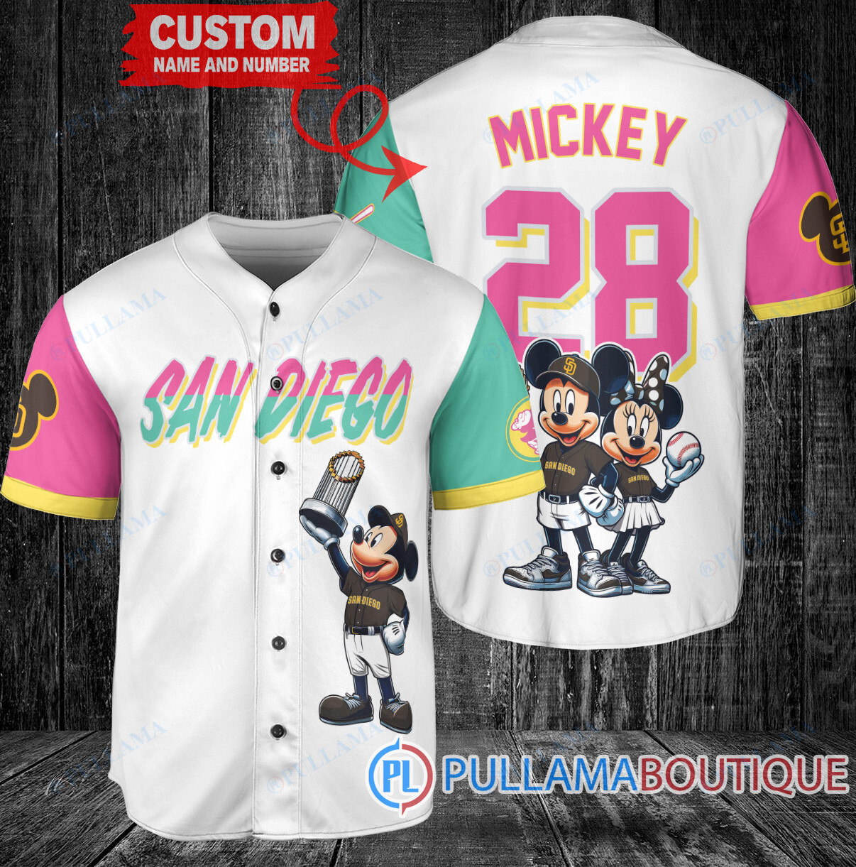 Miami Marlins x Mickey and Minnie with Trophy Baseball Jersey Black