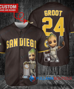 San Diego Padres x Baby Groot Marvel Guardians Of The Galaxy with Trophy Custom Baseball Jersey Brown