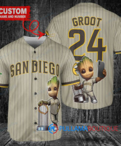 San Diego Padres x Baby Groot Marvel Guardians Of The Galaxy with Trophy Custom Baseball Jersey Tan