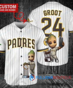 San Diego Padres x Baby Groot Marvel Guardians Of The Galaxy with Trophy Custom Baseball Jersey White