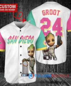 San Diego Padres x Baby Groot Marvel Guardians Of The Galaxy with Trophy Custom Baseball Jersey White City Connect