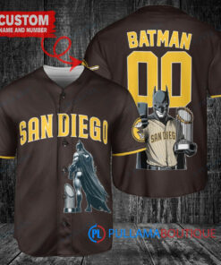 San Diego Padres x DC Comics Batman The Dark Knight with Trophy Custom Baseball Jersey Brown