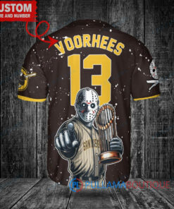 San Diego Padres x Friday the 13th Jason Voorhees Halloween with World Series Trophy Custom Baseball Jersey Brown