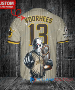 San Diego Padres x Friday the 13th Jason Voorhees Halloween with World Series Trophy Custom Baseball Jersey Tan