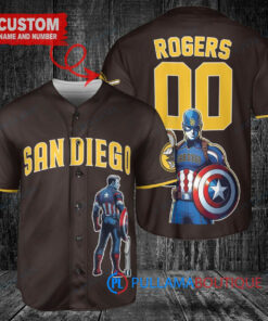 San Diego Padres x Marvel Captain America Steve Rogers with Trophy Custom Baseball Jersey Brown