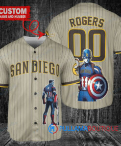 San Diego Padres x Marvel Captain America Steve Rogers with Trophy Custom Baseball Jersey Tan