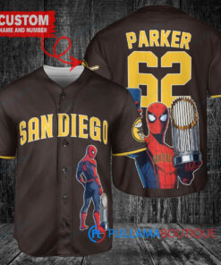 San Diego Padres x Marvel Spiderman with Trophy Custom Baseball Jersey Brown