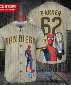 San Diego Padres x Marvel Spiderman with Trophy Custom Baseball Jersey Tan