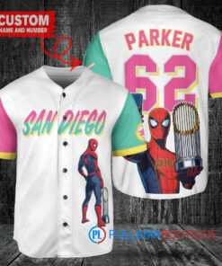 San Diego Padres x Marvel Spiderman with Trophy Custom Baseball Jersey White City Connect