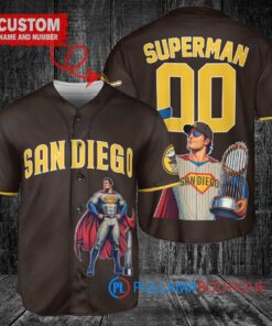 San Diego Padres x Superman DC Comics with Trophy Custom Baseball Jersey Brown