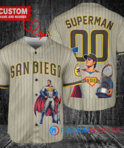 San Diego Padres x Superman DC Comics with Trophy Custom Baseball Jersey Tan