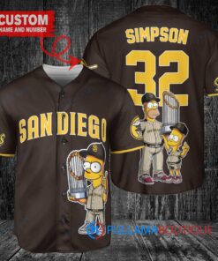 San Diego Padres x The Simpsons Bart Simpson, Homer Simpson, Lisa Simpson with Trophy Custom Baseball Jersey Brown