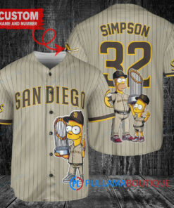 San Diego Padres x The Simpsons Bart Simpson, Homer Simpson, Lisa Simpson with Trophy Custom Baseball Jersey Tan