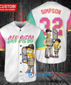 San Diego Padres x The Simpsons Bart Simpson, Homer Simpson, Lisa Simpson with Trophy Custom Baseball Jersey White City Connect