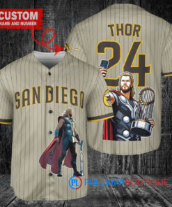 San Diego Padres x Thor Marvel with Trophy Custom Baseball Jersey Tan