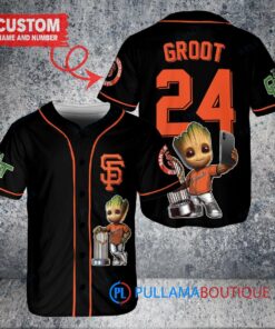 San Francisco Giants x Baby Groot Marvel Guardians Of The Galaxy with Trophy Custom Baseball Jersey Black