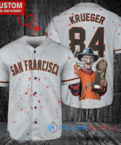 San Francisco Giants x Freddy Krueger A Nightmare on Elm Street Halloween with World Series Trophy Custom Baseball Jersey Gray