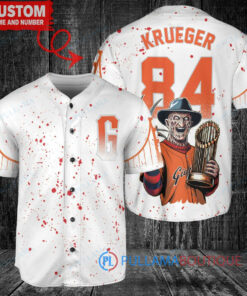 San Francisco Giants x Freddy Krueger A Nightmare on Elm Street Halloween with World Series Trophy Custom Baseball Jersey White City Connect