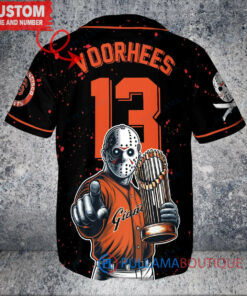 San Francisco Giants x Friday the 13th Jason Voorhees Halloween with World Series Trophy Custom Baseball Jersey Black