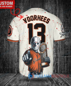 San Francisco Giants x Friday the 13th Jason Voorhees Halloween with World Series Trophy Custom Baseball Jersey Cream