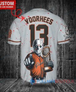 San Francisco Giants x Friday the 13th Jason Voorhees Halloween with World Series Trophy Custom Baseball Jersey Gray