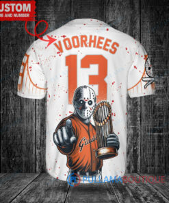 San Francisco Giants x Friday the 13th Jason Voorhees Halloween with World Series Trophy Custom Baseball Jersey White City Connect