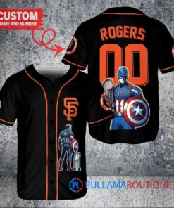 San Francisco Giants x Marvel Captain America Steve Rogers with Trophy Custom Baseball Jersey Black