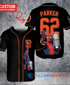 San Francisco Giants x Marvel Spiderman with Trophy Custom Baseball Jersey Black