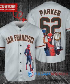 San Francisco Giants x Marvel Spiderman with Trophy Custom Baseball Jersey Gray