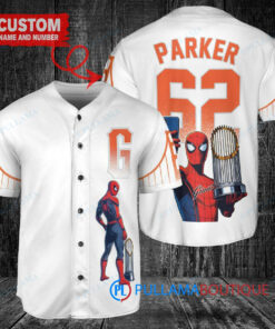 San Francisco Giants x Marvel Spiderman with Trophy Custom Baseball Jersey White City Connect