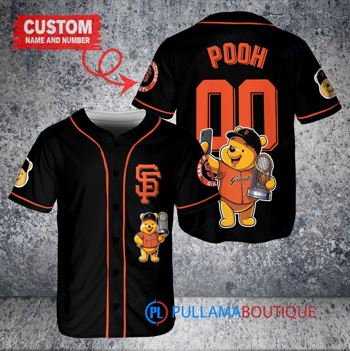 Miami Marlins x Winnie the Pooh with Trophy Custom Baseball Jersey Black