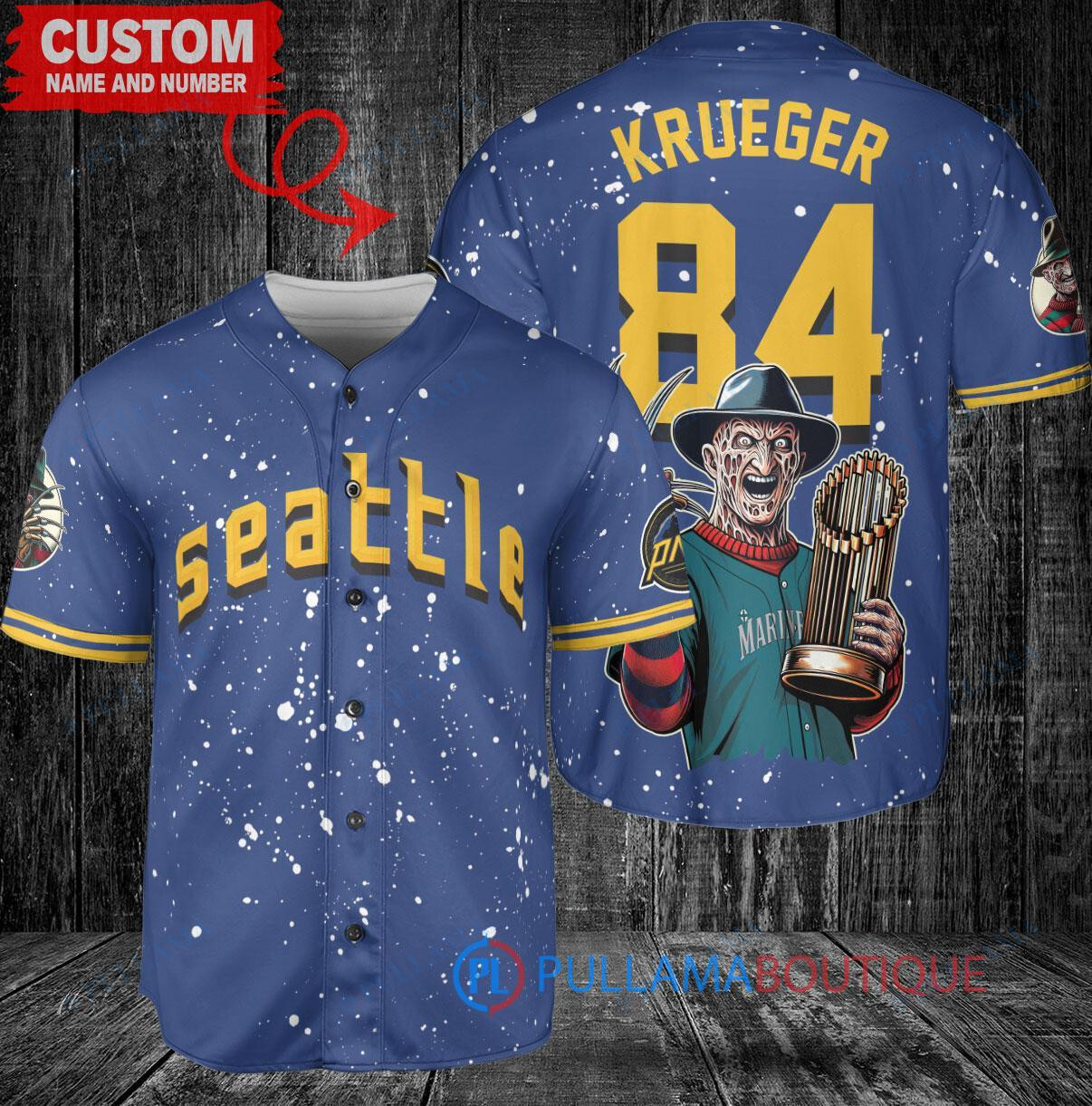 Cleveland Guardians x Freddy Krueger A Nightmare on Elm Street Halloween with World Series Trophy Custom Baseball Jersey Navy City Connect