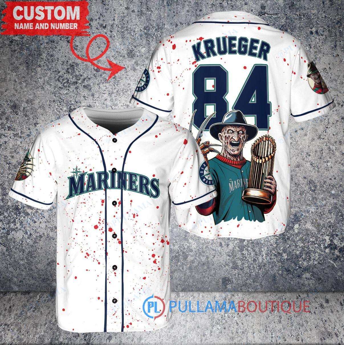 New York Yankees x Freddy Krueger A Nightmare on Elm Street Halloween with World Series Trophy Custom Baseball Jersey Navy