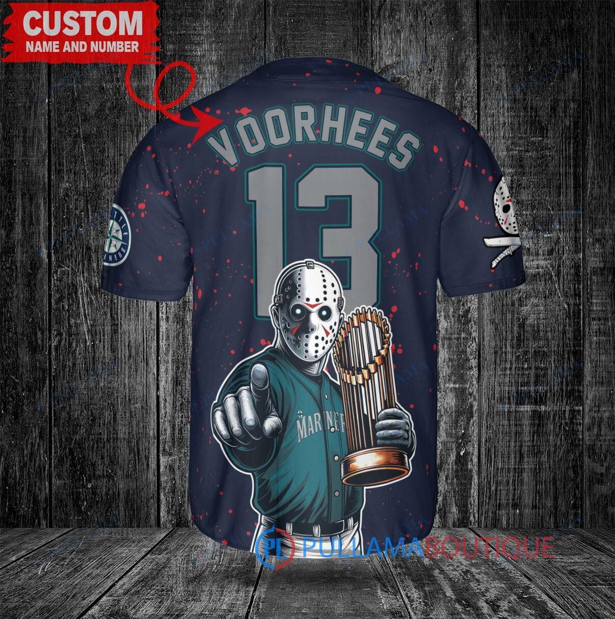 Texas Rangers x Friday the 13th Jason Voorhees Halloween with World Series Trophy Custom Baseball Jersey Cream