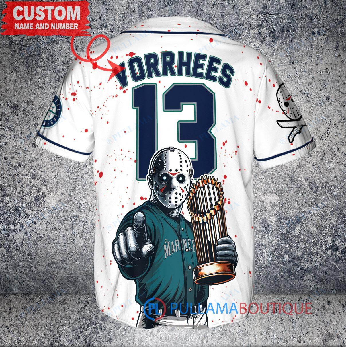 Boston Red Sox x Friday the 13th Jason Voorhees Halloween with World Series Trophy Custom Baseball Jersey Gold-Light Blue City Connect