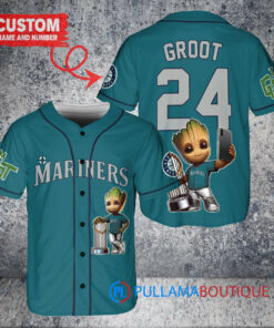 Seattle Mariners x Baby Groot Marvel Guardians Of The Galaxy with Trophy Custom Baseball Jersey Aqua